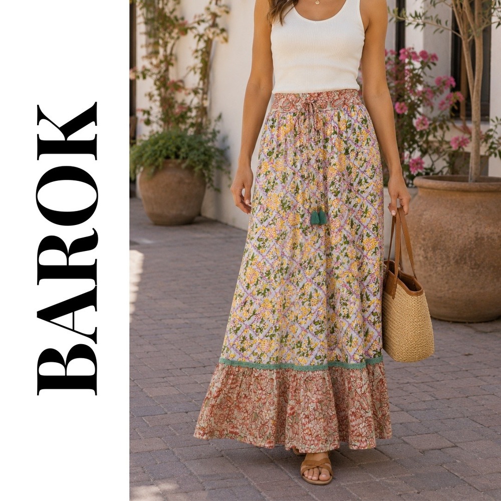 Barok, Floral Peasant Tassels Metallic Maxi Skirt Drawstring Ruffle Size Small